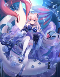 Rule 34 | 1girl, a ji, bare shoulders, blue dress, blue hair, blunt bangs, bow, bubble, creatures (company), detached sleeves, dress, fins, fish, full body, game freak, gen 3 pokemon, genshin impact, gloves, gradient hair, hair ornament, highres, leg lift, long hair, milotic, multicolored hair, nintendo, outstretched hand, pink hair, pokemon, pokemon (creature), purple eyes, ribbon, sandals, sangonomiya kokomi, solo, thighhighs, underwater, very long hair, water, white gloves, white thighhighs