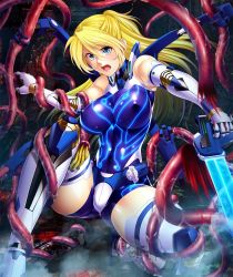 Rule 34 | 00s, 1girl, aisha clarisse, blonde hair, blood, blue eyes, bodysuit, breasts, cyborg, extra arms, female focus, gun, highres, large breasts, lilith-soft, long hair, restrained, rifle, solo, taimanin (series), taimanin asagi, taimanin asagi kessen arena, tentacles, weapon, zol