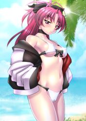 1girl beach bikini blush bow breasts cameltoe covered_erect_nipples day hair_bow jacket long_hair looking_at_viewer mahou_shoujo_madoka_magica mahou_shoujo_madoka_magica_(anime) medium_breasts navel ocean off_shoulder palm_tree ponytail red_eyes red_hair sakura_kyoko sakura_ryuuken shiny_skin solo standing stomach swimsuit tree underboob white_bikini