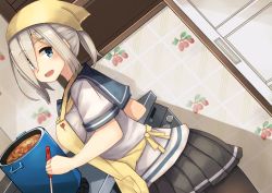 Rule 34 | 10s, 1girl, apron, blue eyes, blush, breasts, cooking, dutch angle, food, hair over one eye, hamakaze (kancolle), headdress, kantai collection, long hair, looking at viewer, open mouth, pantyhose, plan (planhaplalan), pleated skirt, ponytail, school uniform, serafuku, silver hair, skirt, smile, solo, tenugui