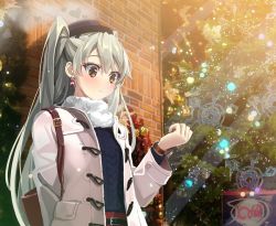 Rule 34 | 10s, 1girl, alternate costume, amatsukaze (kancolle), arm behind back, bag, bauble, belt, belt buckle, black hat, blue sweater, blush, brick wall, brown eyes, buckle, building, christmas ornaments, christmas tree, coat, commentary request, earrings, eyelashes, fedora, green hair, handbag, hat, jewelry, kantai collection, long hair, long sleeves, open clothes, open coat, outdoors, over shoulder, scarf, snowflakes, solo, sweater, twintails, two side up, upper body, watch, white coat, white scarf, winter, wristwatch, yahako