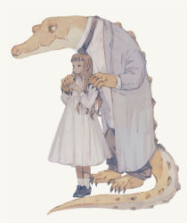 Rule 34 | 1girl, absurdres, animal, animal in clothes, ascot, black footwear, blue eyes, blue jacket, brown hair, child, crocodile, crocodilian, dress, hand on another&#039;s hand, hands on another&#039;s shoulders, highres, jacket, long dress, long hair, original, oxfords, pants, peter pan collar, sharp teeth, shirt, shoes, socks, teeth, tono (rt0no), white background, white dress, white legwear, white shirt, yellow eyes