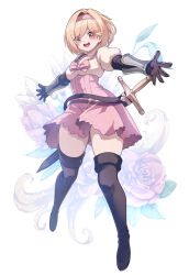 Rule 34 | 1girl, :d, belt, black footwear, black gloves, blonde hair, blush, boots, bow, brown eyes, collarbone, djeeta (granblue fantasy), dot nose, dress, fighter (granblue fantasy), floral background, flower, full body, fuyu no usagi, gloves, granblue fantasy, hair intakes, hairband, highres, legs apart, looking at viewer, open mouth, outstretched arms, pink bow, pink dress, pink hairband, red flower, red rose, rose, short dress, short hair, smile, solo, spread arms, sword, thigh boots, thighhighs, vambraces, weapon, white background, zettai ryouiki