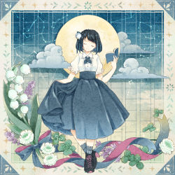 Rule 34 | 1girl, black footwear, black hair, blue background, blue ribbon, blue socks, bob cut, book, boots, border, buttons, cancer (constellation), closed eyes, cloud, clover, clover (flower), cocoroppy, collared shirt, commentary request, constellation, crossed ankles, facing viewer, flower, flower request, four-leaf clover, frilled sleeves, frills, full moon, gemini (constellation), gradient background, hair flower, hair ornament, hair ribbon, head tilt, heel up, high-waist skirt, highres, holding, holding book, lily of the valley, long skirt, meme attire, moon, neck ribbon, open book, original, puffy short sleeves, puffy sleeves, purple flower, red ribbon, ribbon, shirt, short hair, short sleeves, skirt, skirt hold, smile, socks, solo, star (sky), striped clothes, striped socks, virgin killer outfit, white flower, white shirt, yellow background, yellow border