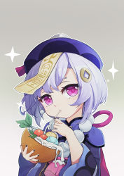 Rule 34 | 1girl, absurdres, bead necklace, beads, blush, braid, coconut, coin, coin hair ornament, drinking, drinking straw, food request, genshin impact, hair between eyes, hair ornament, hat, highres, jewelry, long sleeves, looking at viewer, necklace, purple eyes, purple hair, purple hat, qingdai guanmao, qingye ling, qiqi (genshin impact), slime (genshin impact), solo, sparkle, star (symbol), talisman, wide sleeves