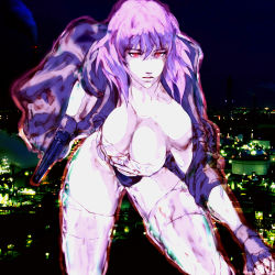 Rule 34 | 1girl, breasts, city, cyborg, female focus, ghost in the shell, ghost in the shell stand alone complex, gun, handgun, jacket, kusanagi motoko, large breasts, looking at viewer, night, no bra, pistol, purple hair, short hair, sky, solo, weapon