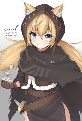 Rule 34 | 1girl, animal ear fluff, animal ears, belt, blonde hair, blue eyes, brown gloves, cloak, closed mouth, cowboy shot, dagger, dated, ears through headwear, fang, fingerless gloves, fur trim, girls&#039; frontline, gloves, hair between eyes, hood, idw (cloak and cat ears) (girls&#039; frontline), idw (girls&#039; frontline), knife, long hair, looking at viewer, low twintails, pelvic curtain, sheath, signature, smile, solo, standing, thighs, twintails, twitter username, unel, v-shaped eyebrows, weapon