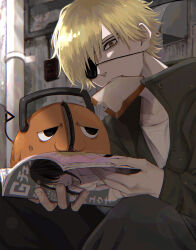 Rule 34 | 1boy, absurdres, banechiii, blonde hair, brown eyes, chainsaw man, denji (chainsaw man), eyepatch, green jacket, grey jacket, hair over one eye, highres, holding, holding magazine, jacket, long sleeves, looking at another, magazine (object), male focus, open magazine, pants, pochita (chainsaw man), popped collar, shirt, short hair, sitting, white shirt