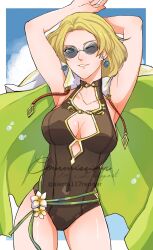 Rule 34 | arms up, blonde hair, blue eyes, breasts, cape, collarbone, covered navel, earrings, fire emblem, fire emblem: the sacred stones, fire emblem heroes, highres, jewelry, medium breasts, nintendo, official alternate costume, one-piece swimsuit, one eye closed, selena (fire emblem: the sacred stones), selena (summer) (fire emblem: the sacred stones), sierra117renner, smile, sunglasses, swimsuit, watermark, wink