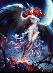Rule 34 | 1girl, artist name, bare shoulders, blue eyes, breasts, cleavage, cloud, copyright name, curly hair, dated, feathered wings, feathers, flower, hair ornament, harpy, legend of the cryptids, long hair, monster girl, moon, navel, night, night sky, official art, red hair, rose, sky, solo, star (sky), tatiana kirgetova, thighhighs, thorns, winged arms, wings