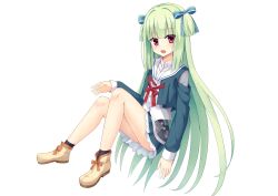 Rule 34 | 1girl, absurdres, arm at side, blue ribbon, blunt bangs, blunt ends, blush, chinese commentary, commentary request, cropped jacket, frilled skirt, frills, from side, full body, green hair, green jacket, green skirt, hair ribbon, hand up, highres, hime cut, jacket, knees up, long hair, long sleeves, looking at viewer, miniskirt, murasame (senren), official alternate costume, open clothes, open jacket, open mouth, pleated skirt, red eyes, ribbon, school uniform, senren banka, shoes, shu pian, sidelocks, simple background, sitting, skirt, smile, solo, straight hair, two side up, very long hair, white background, yellow footwear