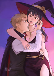 Rule 34 | 1boy, 1girl, alternate costume, arm around neck, arm around waist, artist name, bare arms, black cape, black dress, black hair, black headwear, black vest, blonde hair, breasts, cape, cleavage, collared shirt, couple, cowboy shot, dress, earrings, fang, felia hanakata, flower, halloween, halloween costume, hand in another&#039;s hair, hat, hat flower, hetero, highres, jewelry, large breasts, light blush, long hair, long sleeves, looking at another, necklace, parted bangs, parted lips, purple background, red eyes, shirt, short hair, side slit, sidelocks, sleeveless, sleeveless dress, spy x family, twilight (spy x family), vampire, vest, waistcoat, white shirt, witch, witch hat, yor briar