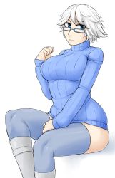 Rule 34 | 1girl, blue eyes, boots, breasts, colored skin, curvy, glasses, highres, ittla, large breasts, legs, looking at viewer, parted lips, short hair, smile, solo, sweater, thighhighs, thighs, white hair, white skin, wide hips