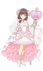 1girl bare_shoulders breasts bridal_veil brown_eyes brown_hair cleavage collarbone crystal dress elbow_gloves flower frilled_dress frills full_body gloves hair_flower hair_ornament hair_over_shoulder heart high_heels highres holding holding_staff large_breasts looking_at_viewer low_side_ponytail medium_dress official_art ongeki pink_flower sakurai_haruna_(ongeki) shoes short_ponytail showgirl_skirt simple_background solo staff strapless strapless_dress tachi-e transparent_background veil white_dress white_footwear white_gloves