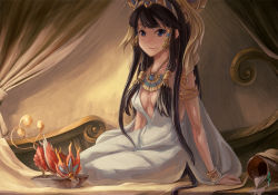 Rule 34 | 1girl, bird, black hair, blue eyes, breasts, cleavage, egyptian, hairband, headdress, horus (p&amp;d), isis (p&amp;d), jewelry, long hair, lots of jewelry, md5 mismatch, mother and son, phoenixcomplex, puzzle &amp; dragons, resolution mismatch, smile, source larger