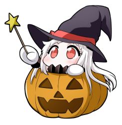 Rule 34 | 10s, 1girl, abyssal ship, commentary request, covered mouth, halloween, holding, horns, in container, jack-o&#039;-lantern, kantai collection, long hair, looking at viewer, mittens, northern ocean princess, pale skin, red eyes, simple background, solo, wand, white background, white hair, yamato nadeshiko