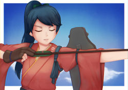 Rule 34 | 10s, 1girl, archery, arrow (projectile), black hair, blush, bow (weapon), brown gloves, closed eyes, facing viewer, fingerless gloves, gloves, highres, holding, holding arrow, holding bow (weapon), holding weapon, houshou (kancolle), jacy, kantai collection, long hair, parted lips, ponytail, short sleeves, solo, weapon
