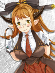 Rule 34 | 10s, 1girl, blush, bow, breasts, brown eyes, brown hair, clenched hand, draph, female focus, glasses, gloves, granblue fantasy, hair bow, horns, kosuke (bb), large breasts, long hair, looking at viewer, magnifying glass, necktie, newspaper, pointy ears, ponytail, sarya (granblue fantasy), smile, solo, white gloves