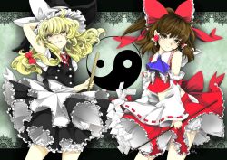 Rule 34 | 2girls, blonde hair, bow, braid, broom, brown eyes, brown hair, detached sleeves, female focus, frills, gohei, hair bow, hair tubes, hakurei reimu, hat, japanese clothes, kirisame marisa, midriff, miko, multiple girls, ninamo, oonusa, touhou, witch hat, yellow eyes, yin yang