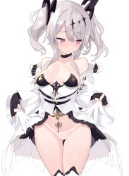 Rule 34 | 1girl, azur lane, bare shoulders, black choker, black gloves, blade (galaxist), breasts, breasts apart, choker, closed mouth, cowboy shot, dress, embarrassed, fingerless gloves, gloves, gluteal fold, grey hair, highres, joffre (azur lane), long hair, long sleeves, looking away, medium breasts, no bra, off shoulder, panties, parted lips, pink eyes, see-through, showgirl skirt, solo, standing, sweatdrop, thighhighs, thighs, twintails, underwear, white dress, white panties, white thighhighs