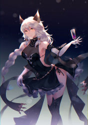 Rule 34 | 1girl, animal ears, backless outfit, bare shoulders, black dress, braid, breasts, cat ears, champagne flute, cleavage, commentary request, cup, dress, drinking glass, elbow gloves, erune, gloves, granblue fantasy, heles, heles (irestill evening dress) (granblue fantasy), large breasts, long hair, silver hair, single braid, smile, solo, standing, thighhighs, very long hair, vienri, white gloves, yellow eyes
