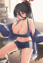 Rule 34 | 1girl, areola slip, black choker, black hair, black wings, blue archive, blue jacket, blush, breasts, breath, choker, cleavage, collarbone, exercising, halo, hasumi (blue archive), high ponytail, highres, jacket, large breasts, long hair, looking at viewer, mole, mole under eye, navel, off shoulder, parted lips, short shorts, shorts, sitting, solo, sports bra, steaming body, stomach, sweat, thighs, track jacket, very long hair, weights, wings, yokii