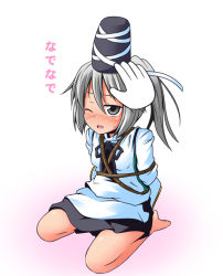 Rule 34 | 1girl, bound, female focus, grey eyes, hat, hat ribbon, head pat, headpat, ichimi, japanese clothes, kariginu, mononobe no futo, one eye closed, open mouth, ponytail, ribbon, shirt, silver hair, sitting, skirt, solo, tied up (nonsexual), touhou, translation request