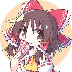 Rule 34 | 1girl, asameshi, ascot, blush stickers, bow, brown eyes, brown hair, closed mouth, collarbone, commentary, detached sleeves, frilled bow, frilled hair tubes, frills, hair bow, hair over eyes, hair tubes, hakurei reimu, highres, holding, looking at viewer, medium hair, profile, red bow, red vest, ribbon-trimmed sleeves, ribbon trim, smile, solo, split mouth, talisman, touhou, vest, white sleeves, yellow ascot