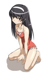 Rule 34 | 10s, 1girl, black hair, blush, brown eyes, flat chest, girls und panzer, hairband, kneeling, long hair, one-piece swimsuit, reizei mako, solo, swimsuit, you2