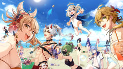 Rule 34 | 6+boys, 6+girls, :d, abs, absurdres, animal ears, arataki itto, ass, ayaka (genshin impact), ball, bare shoulders, beach, bikini, black hair, black male swimwear, black mask, black one-piece swimsuit, black swim trunks, blonde hair, blue eyes, blue hair, blue one-piece swimsuit, blue sky, body markings, bow, bowtie, braid, breasts, brother and sister, brown hair, casual one-piece swimsuit, crab, cup, day, dog ears, dog tail, drinking glass, drinking straw, earrings, facial mark, fairy, fangs, fishnets, food, frilled one-piece swimsuit, frills, fruit, genshin impact, gorou (genshin impact), green eyes, green hair, hair ornament, halo, hat, headband, high ponytail, highres, horns, inflatable armbands, jewelry, jumping, kaedehara kazuha, kamisato ayato, kujou sara, kuki shinobu, large breasts, lens flare, loincloth, long hair, looking at viewer, looking back, low-braided long hair, low-tied long hair, low ponytail, male swimwear, mask, mask on head, md5 mismatch, midriff, mountain, mountainous horizon, muji-muji daruma (genshin impact), multicolored hair, multiple boys, multiple girls, navel, ocean, one-piece swimsuit, oni horns, onimoti, open clothes, open mouth, orange bikini, orange eyes, outdoors, outstretched arms, paimon (genshin impact), pink hair, ponytail, purple hair, pushing, raiden shogun, red eyes, red hair, resolution mismatch, revision, sangonomiya kokomi, scaramouche (genshin impact), selfie, shikanoin heizou, short hair, short twintails, siblings, sideboob, single braid, sitting, sky, smile, source smaller, standing, summer, sun, swim trunks, swimsuit, tail, teeth, thoma (genshin impact), twintails, two-tone hair, upper teeth only, vision (genshin impact), volleyball, volleyball (object), volleyball net, water, watermelon, white hair, white male swimwear, white one-piece swimsuit, white swim trunks, yae miko, yoimiya (genshin impact)