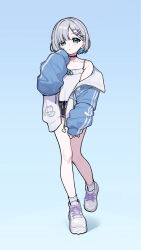Rule 34 | 1girl, black shorts, blue background, blue jacket, breasts, camisole, cross-laced footwear, eyebrows hidden by hair, full body, green eyes, grey hair, hair ornament, hair over one eye, hairclip, highres, jacket, jewelry, kaga sumire, knees together feet apart, mole, mole under eye, multicolored clothes, multicolored jacket, necklace, open mouth, pale skin, shoes, short hair, short shorts, shorts, simple background, small breasts, sneakers, socks, solo, two-tone jacket, virtual youtuber, vspo!, walking, white camisole, white footwear, white jacket, white socks, wide sleeves, yuu (higashi no penguin)
