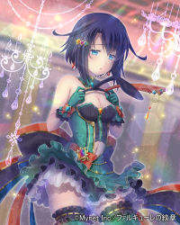 Rule 34 | 1girl, animal ears, black hair, blue eyes, blurry, blurry background, bow, breasts, cleavage, clothing cutout, company name, detached collar, dress, fake animal ears, falkyrie no monshou, frilled thighhighs, frills, gloves, green dress, green gloves, green thighhighs, hair ornament, indoors, looking at viewer, medium breasts, medium hair, navel, navel cutout, official art, red bow, solo, soukuu kizuna, standing, thighhighs, watermark