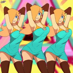 Rule 34 | 1girl, animated, arms behind head, arms up, artist request, blonde hair, blue eyes, breasts, brooch, cleavage, cowboy shot, dancing, dress, earrings, elbow gloves, gloves, highres, jewelry, mario (series), me!me!me!, multiple persona, nintendo, rosalina, see-through, smile, solo, super mario bros. 1, super mario galaxy, thighhighs, video