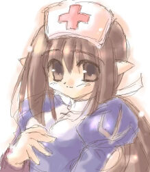 1girl 2000s_(style) archived_source breasts brown_eyes brown_hair closed_mouth cross fujimiya_misuzu hair_between_eyes hand_up hat jaggy_lines juliet_sleeves long_hair long_sleeves lowres medium_breasts nurse_cap pointy_ears ponytail priest_(ragnarok_online) puffy_sleeves ragnarok_online red_cross smile solo upper_body white_hat