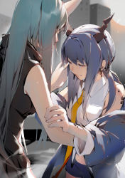 Rule 34 | 2girls, absurdres, aniao ya, arknights, black shirt, blue hair, blue jacket, blue shorts, blush, breasts, ch&#039;en (arknights), chinese commentary, city, closed eyes, collared shirt, cowboy shot, crying, dragon horns, green hair, hand on another&#039;s arm, hand on another&#039;s face, highres, horns, hoshiguma (arknights), jacket, lips, long hair, material growth, medium breasts, multiple girls, necktie, off shoulder, oripathy lesion (arknights), outdoors, shirt, short shorts, shorts, single horn, skin-covered horns, sleeveless, sleeveless shirt, spoilers, straight hair, tears, turtleneck, twintails, white shirt, wing collar, wiping tears, yellow neckwear