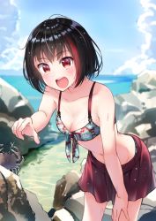 Rule 34 | 1girl, :d, animal, bang dream!, bare arms, bare shoulders, bikini, bikini skirt, black hair, blue sky, blurry, blurry background, blush, breasts, cleavage, cloud, collarbone, commentary request, crab, day, depth of field, fingernails, floral print, front-tie bikini top, front-tie top, hand on leg, hand on own thigh, highres, horizon, leaning forward, medium breasts, mitake ran, multicolored hair, ocean, open mouth, outdoors, pointing, print bikini, red bikini, red eyes, red hair, rock, round teeth, sky, smile, solo, streaked hair, swimsuit, teeth, tsukiman, upper teeth only, water, wet