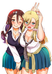 Rule 34 | 2girls, ;), aqua eyes, asymmetrical bangs, blonde hair, blue skirt, blush, breasts, brown hair, cleavage, clothes around waist, commentary request, cowboy shot, hair between eyes, hair ornament, hairclip, hand up, highres, holding another&#039;s arm, jewelry, kuzuryuu hanako, large breasts, leaning forward, long hair, long sleeves, looking at viewer, multiple girls, necklace, necktie, one eye closed, open mouth, orange eyes, pink scrunchie, purple sweater vest, scrunchie, simple background, skirt, sleeves rolled up, smile, sogabe toshinori, split mouth, striped necktie, sweater, sweater around waist, sweater vest, tsuruhashi madoka, v over head, white background, yankee jk kuzuhana-chan, yellow sweater
