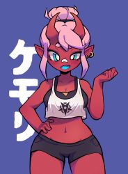 Rule 34 | 1girl, absurdres, black bra, black shorts, black sports bra, blue tongue, bra, breasts, cleavage, collarbone, colored skin, colored tongue, earrings, eyebrows, fang, hand on own hip, highres, horns, jewelry, kemori, large breasts, looking at viewer, micro shorts, navel, original, pink hair, pointy ears, red skin, short hair, shorts, skin fang, solo, sports bra, stud earrings, translated, underwear, wide hips