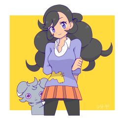 Rule 34 | 1girl, arms behind back, black hair, black pantyhose, border, breasts, closed mouth, collared shirt, commentary request, creatures (company), curly hair, emma (pokemon), espurr, eyelashes, game freak, gen 6 pokemon, highres, long hair, looking at viewer, medium breasts, nintendo, orange skirt, pantyhose, pokemon, pokemon (creature), pokemon xy, purple eyes, purple sweater, shiogi (riza 49), shirt, skirt, smile, sweater, white border, white shirt, yellow background