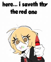 Rule 34 | 1girl, @ @, aso bi, black jacket, blonde hair, closed mouth, collared shirt, crayon, don quixote (project moon), eyelashes, hair between eyes, here i saved u the red one (meme), holding, holding crayon, jacket, limbus company, looking at viewer, meme, necktie, project moon, red necktie, shirt, short hair, simple background, smile, solo, white background, white shirt, yellow eyes