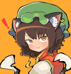 Rule 34 | !, 1girl, :3, animal ear fluff, animal ear piercing, animal ears, blush, brown hair, cat ears, cat tail, chen, closed mouth, commentary request, earrings, frills, gold trim, green hat, hari oekaki, hat, highres, jewelry, looking at viewer, looking back, medium hair, mob cap, multiple tails, nekomata, orange background, orange eyes, raised eyebrow, red vest, sanpaku, simple background, single earring, solo, tail, touhou, two tails, upper body, vest