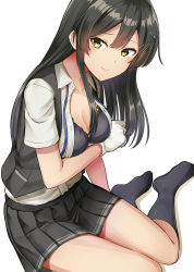Rule 34 | 1girl, black bra, black hair, black skirt, black socks, black vest, blush, bra, breasts, buttons, cleavage, closed mouth, collared shirt, gloves, green eyes, hair between eyes, hair ornament, hairclip, highres, kamelie, kantai collection, kneehighs, long hair, medium breasts, open clothes, open shirt, oyashio (kancolle), oyashio kai ni (kancolle), pleated skirt, shirt, short sleeves, simple background, sitting, skirt, smile, socks, solo, underwear, vest, white background, white gloves, white shirt, yokozuwari