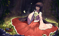 Rule 34 | 1girl, animal, artist name, bamboo, black hair, blunt bangs, bow, bowtie, brown eyes, bug, butterfly, butterfly on hand, closed mouth, collarbone, collared shirt, dated, frilled shirt, frilled shirt collar, frilled skirt, frilled sleeves, frills, highres, hime cut, houraisan kaguya, insect, light particles, long hair, long skirt, long sleeves, looking at viewer, night, outdoors, pink shirt, red skirt, seiza, shirt, sidelocks, sitting, skirt, sleeves past fingers, sleeves past wrists, smile, snozaki, solo, touhou, very long hair, wide sleeves, yellow bow