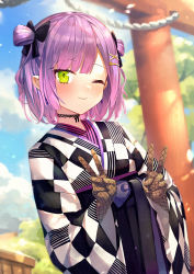 Rule 34 | 1girl, ;), black bow, black choker, blue sky, bow, checkered clothes, checkered kimono, choker, cloud, commentary, day, double v, english commentary, fishnet gloves, fishnets, gloves, green eyes, hair bow, hair ornament, hairclip, highres, hololive, japanese clothes, kimono, long sleeves, looking at viewer, mr.lime, one eye closed, outdoors, purple hair, short hair, sky, smile, tokoyami towa, tokoyami towa (new year), torii, v, virtual youtuber, x hair ornament