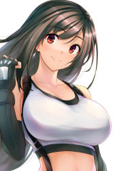 Rule 34 | 1girl, bare shoulders, black gloves, black hair, breasts, cleavage, collarbone, crop top, elbow gloves, final fantasy, final fantasy vii, final fantasy vii remake, fingerless gloves, gloves, large breasts, long hair, looking at viewer, red eyes, shirt, smile, solo, sports bra, square enix, suspenders, swept bangs, tank top, taut clothes, taut shirt, tifa lockhart, tohoho (hoshinoyami), white tank top