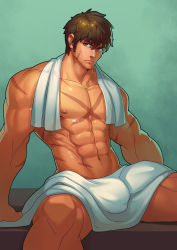 Rule 34 | 1boy, abs, bara, bulge, cross scar, dark-skinned male, dark skin, dungeon and fighter, facial scar, feet out of frame, fighter (dungeon and fighter), highres, jiajiuli, large pectorals, long sideburns, looking at viewer, male focus, muscular, muscular male, naked towel, navel, nipples, pectorals, scar, scar on arm, scar on cheek, scar on chest, scar on face, short hair, sideburns, solo, spread legs, stomach, thick thighs, thighs, topless male, towel