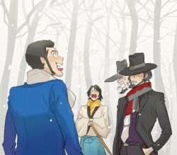 Rule 34 | 3boys, arsene lupin iii, bare tree, black hair, black jacket, blue jacket, cigarette, fedora, forest, halorane, hands in opposite sleeves, hat, hat over one eye, highres, ishikawa goemon xiii, jacket, jigen daisuke, long sideburns, long sleeves, lupin iii, male focus, mouth hold, multiple boys, nature, necktie, open mouth, outdoors, purple shirt, scarf, shirt, short hair, sideburns, snowing, teeth, tongue, tongue out, tree, two-tone scarf, upper teeth only, white necktie, white scarf, winter, yellow scarf