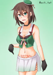Rule 34 | 1girl, anti (untea9), black gloves, blush, breasts, brown hair, cleavage, gloves, gradient background, hair ornament, hat, hat ribbon, heart, heart tattoo, highres, kantai collection, large breasts, looking at viewer, maya (kancolle), midriff, mini hat, navel, open mouth, pleated skirt, pubic tattoo, ribbon, school uniform, short hair, skirt, solo, tattoo, x hair ornament
