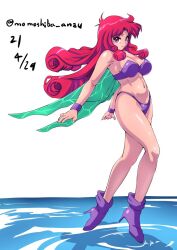 1girl bad_id bad_twitter_id bare_shoulders bikini boots bracelet breasts cleavage commentary cotton_(game) dated fairy fairy_wings flying jewelry light_smile long_hair looking_at_viewer nafta navel pink_hair purple_bikini purple_footwear red_eyes signature silk_(cotton) solo strapless strapless_bikini swimsuit thighs water wings