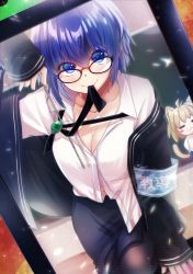 Rule 34 | 2girls, :3, absurdres, animal ears, antenna hair, armband, black-framed eyewear, black jacket, black legwear, blonde hair, blouse, blue eyes, blue hair, blue skirt, blush stickers, breasts, cat ears, ciel (tsukihime), cleavage, closed eyes, closed mouth, collarbone, commentary request, glasses, hair between eyes, highres, holding, holding pointer, jacket, large breasts, long sleeves, looking at viewer, mouth hold, multiple girls, neco-arc, open clothes, open jacket, pantyhose, pointer, shimotsukishin, shirt, short hair, size difference, skirt, sleeves past wrists, smile, sweater, tail, teacher, tsukihime, tsukihime (remake), white shirt, white sweater